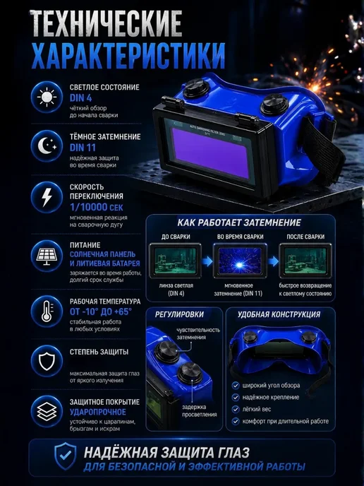 DDN03 Сварочные очки хамелеон с автозатемнением для сварки DIN11, синий, фото 3