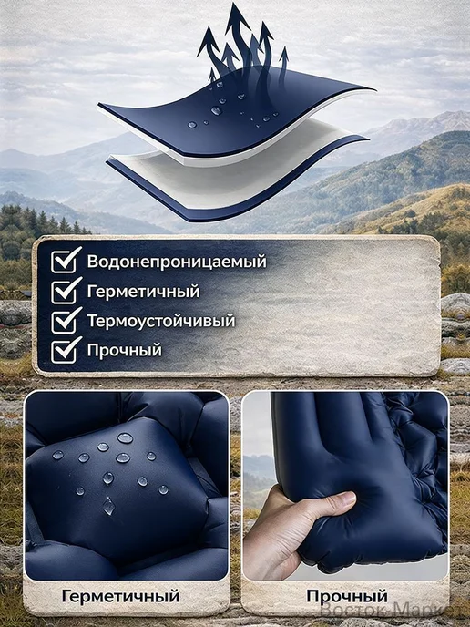 Надувной туристический коврик с подушкой и насосом, синий, синий, фото 7