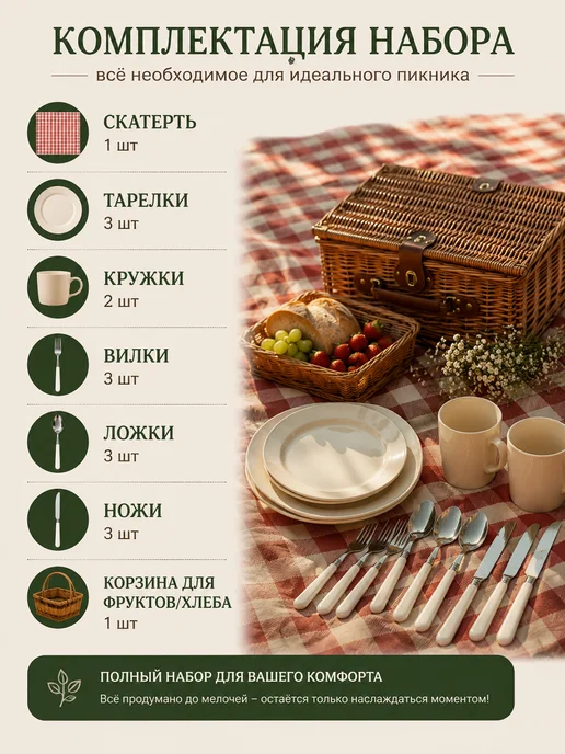 Набор для пикника с посудой, коричневый, фото 2