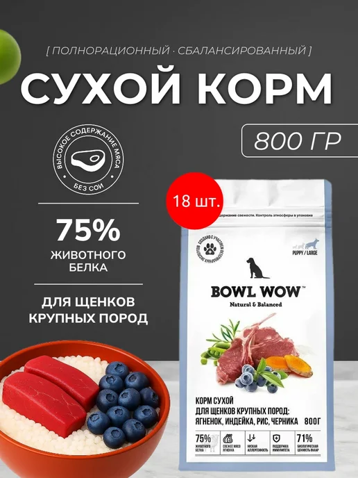 Сухой корм BOWL WOW для собак, крупные, щенки, индейка, ягненок, 14,4 кг
