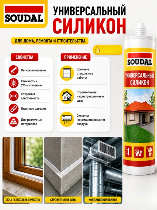 Soudal Герметик универсальный силикон для плитки прозрачный 2шт, 2 шт, прозрачный, фото 4