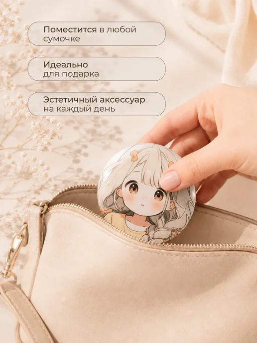 Delulu Зеркало карманное косметическое для макияжа в сумку, бежевый, фото 2