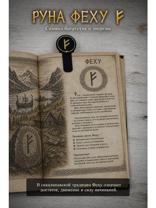 Закладка для книг скандинавская руна Фэху амулет богатства, черный, фото 2