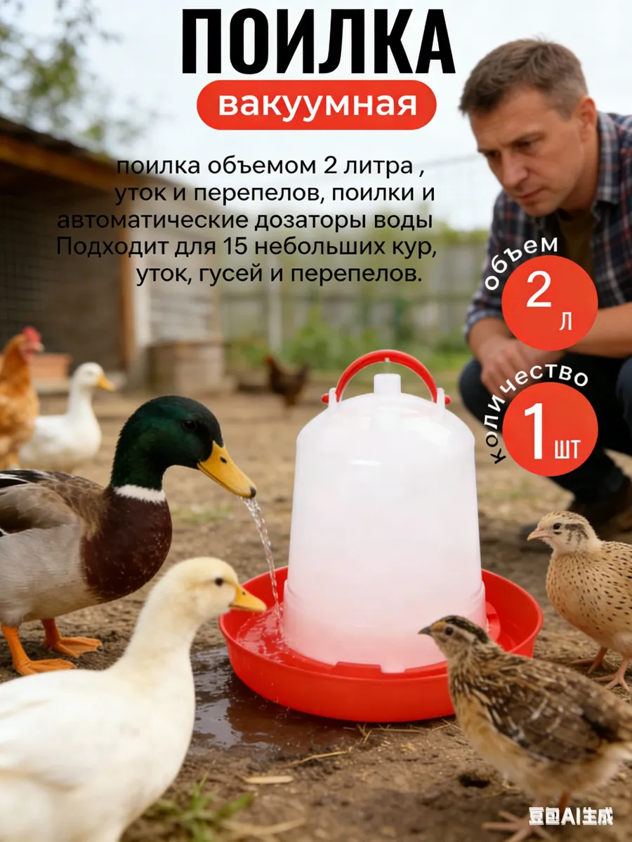 Поилка для цыплят и кур вакуумная 2 л, уток и перепелов, и и