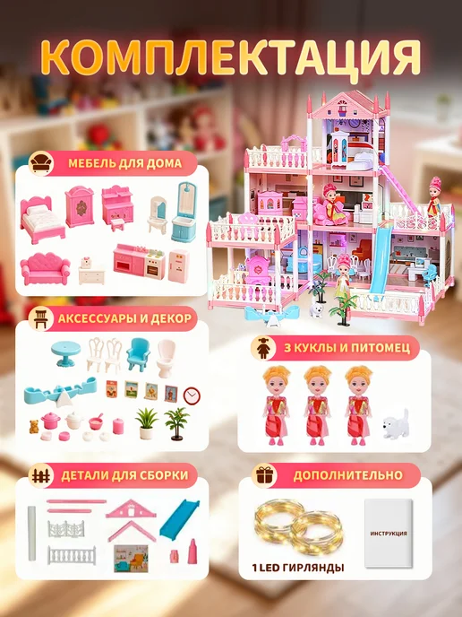 JoyfulPlaythings Кукольный домик с подсветкой и мебелью, игрушка для девочки, вариант, фото 2