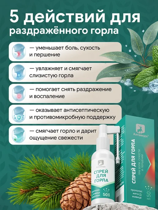 Спрей для горла с прополисом и мятой 50 мл для увлажнения, 50 мл, фото 2