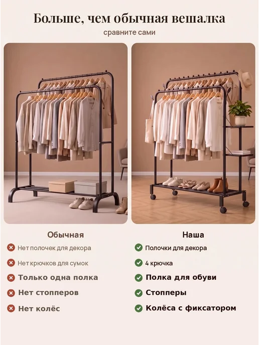 ZABOZA Вешалка напольная для одежды металлическая на колесиках, черный, фото 8