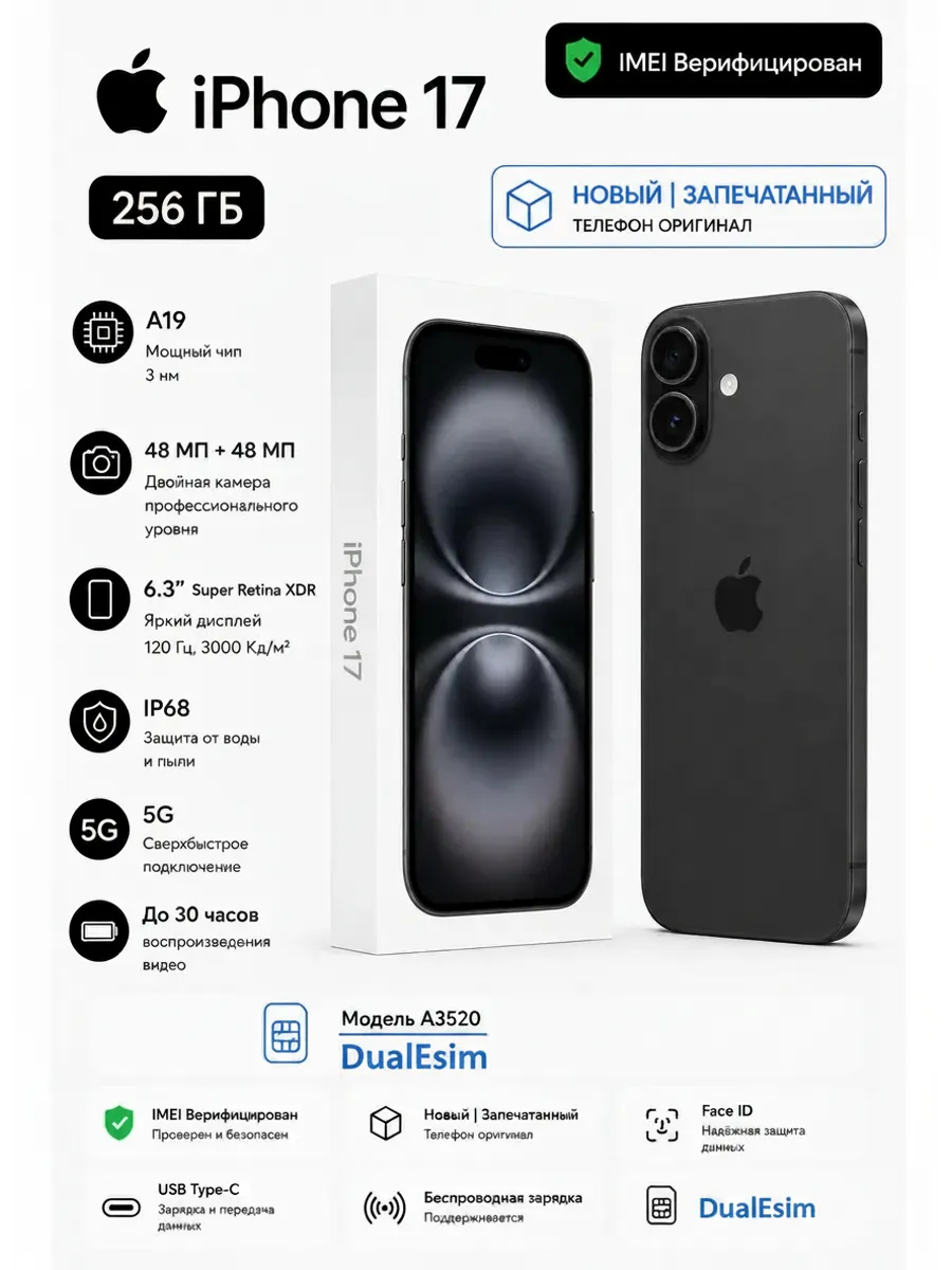 Apple iPhone 17, 256 ГБ, Чёрный Dual Esim смартфоны Apple N&M 1129143485 купить за 135 719 ₽ в интернет‑магазине Wildberries