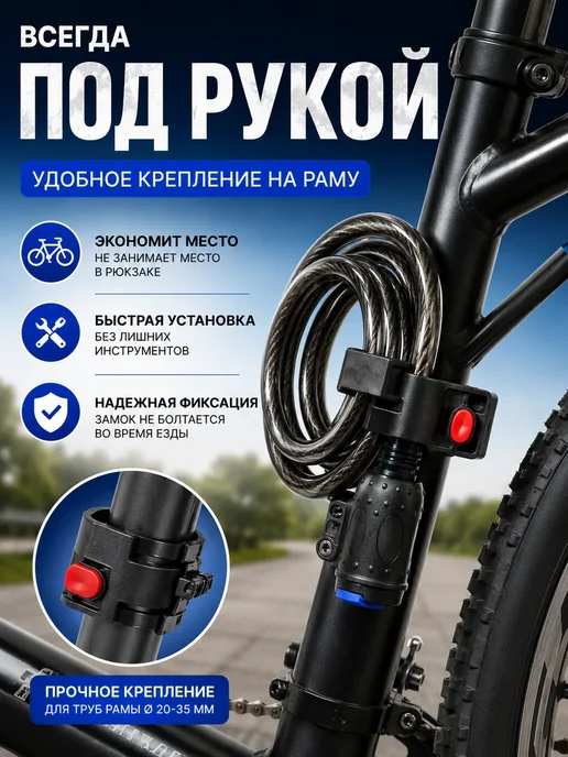 Адеми 3 Замок для велосипеда и самоката тросовый с ключом 1м, 1 м, фото 2