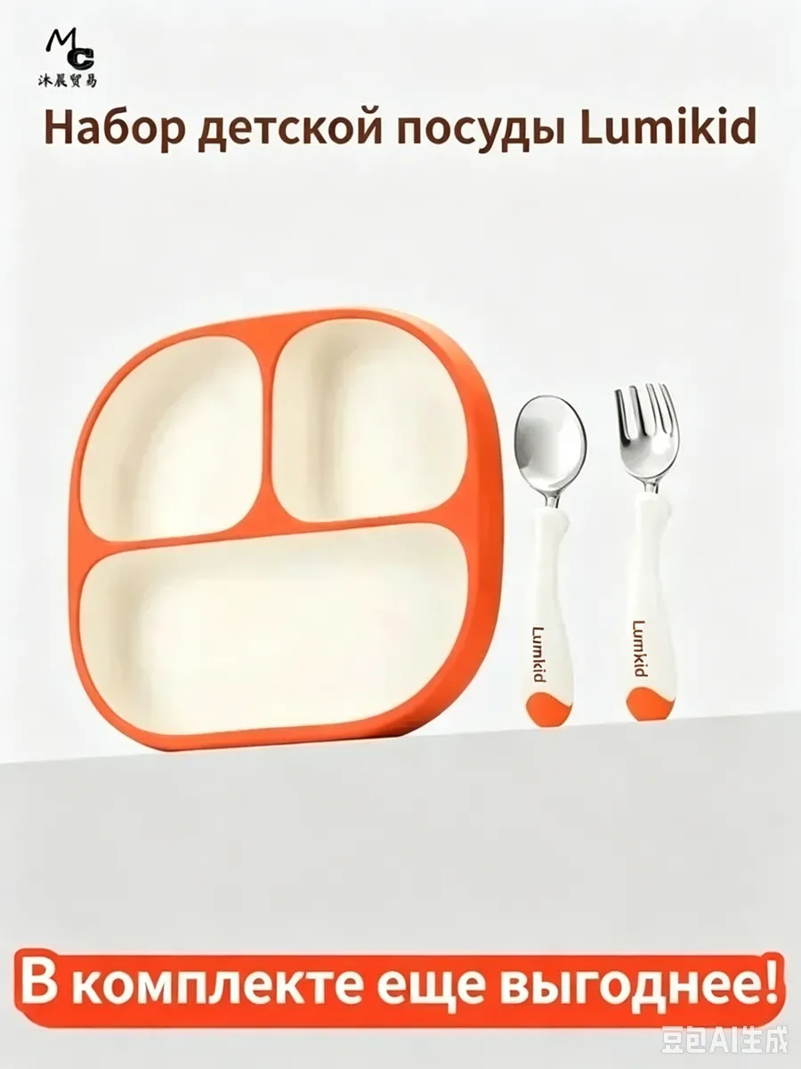 Набор детской посуды (оранжевый) - с тарелкой и ложкой