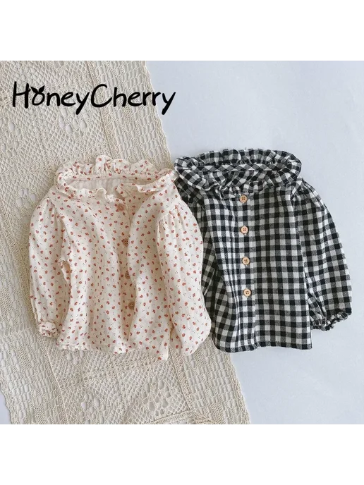 HoneyCherry хлопковая клетчатая рубашка для девочки, бежевый, фото 2
