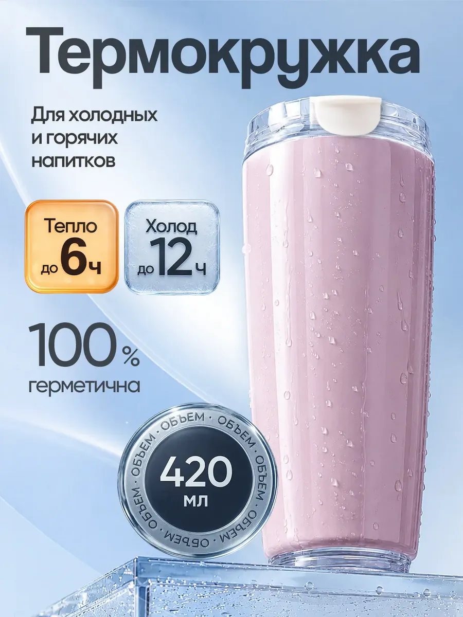 Термокружка розовая для чая и кофе 420 мл