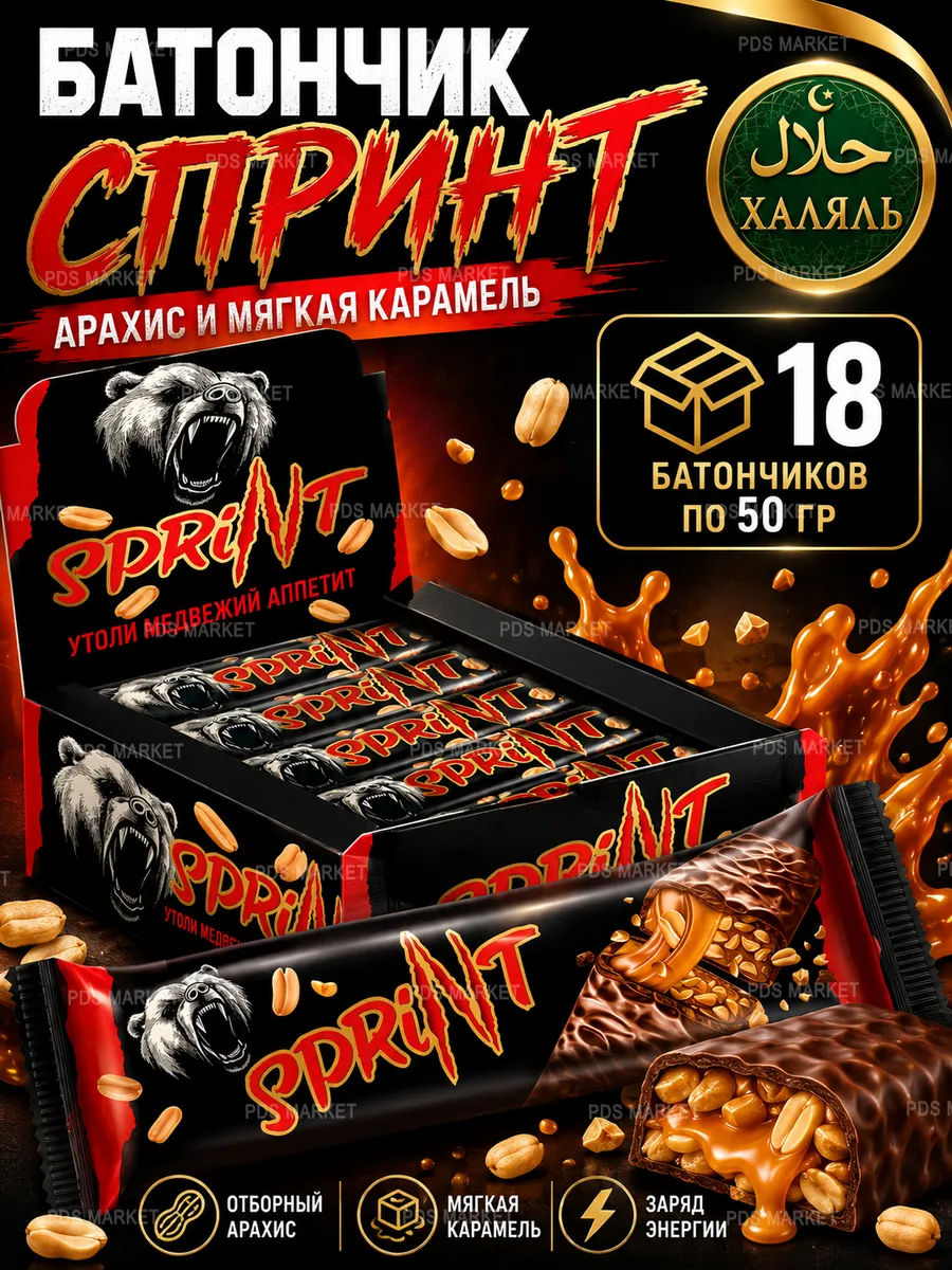 Батончик из мягкой карамели и жареного арахиса Спринт, 18 шт