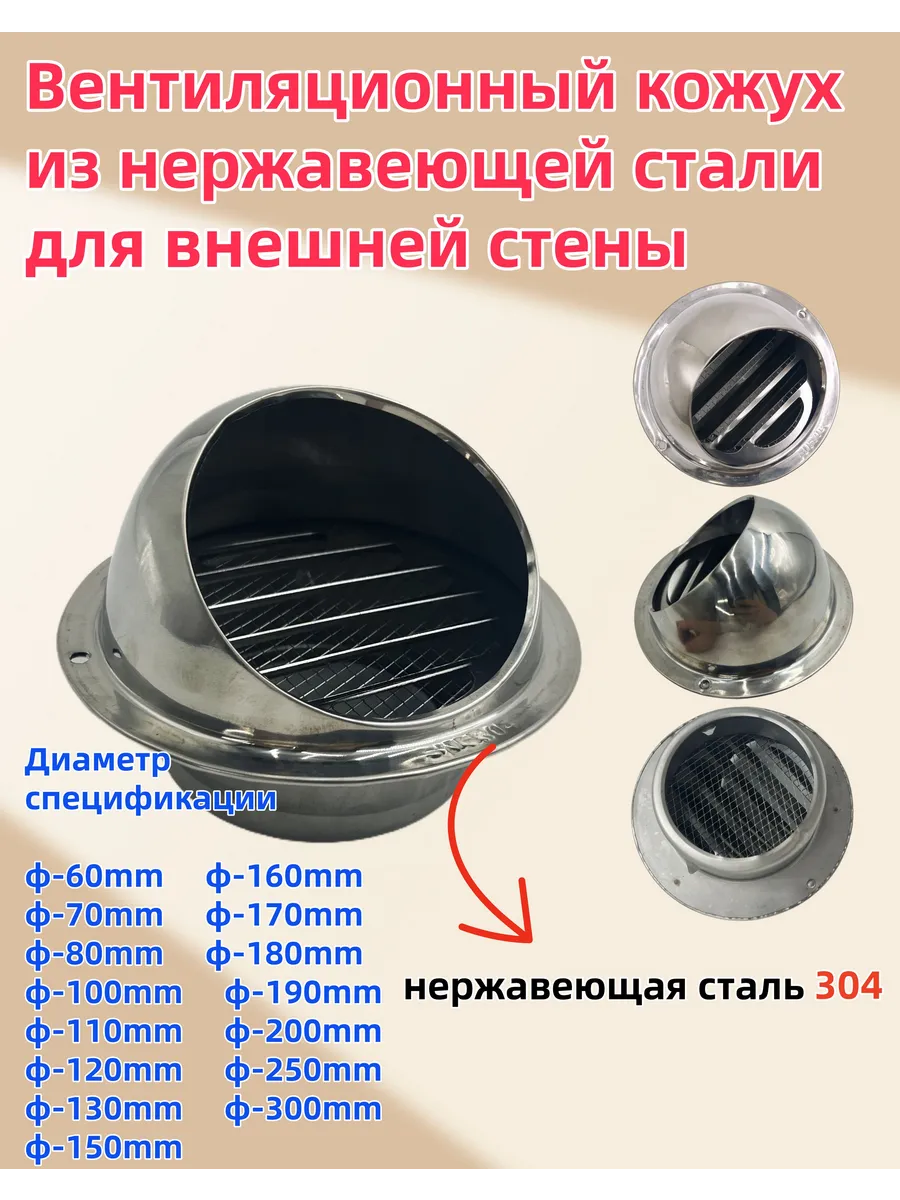 Стенная приточная решетка из нерж. стали 304, D100 мм