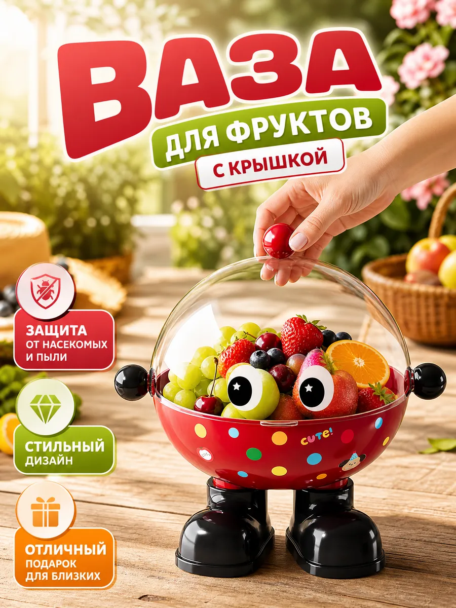 Ваза для фруктов красная фруктовница с крышкой