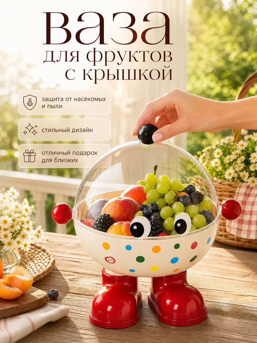 Ваза для фруктов бежевая фруктовница с крышкой