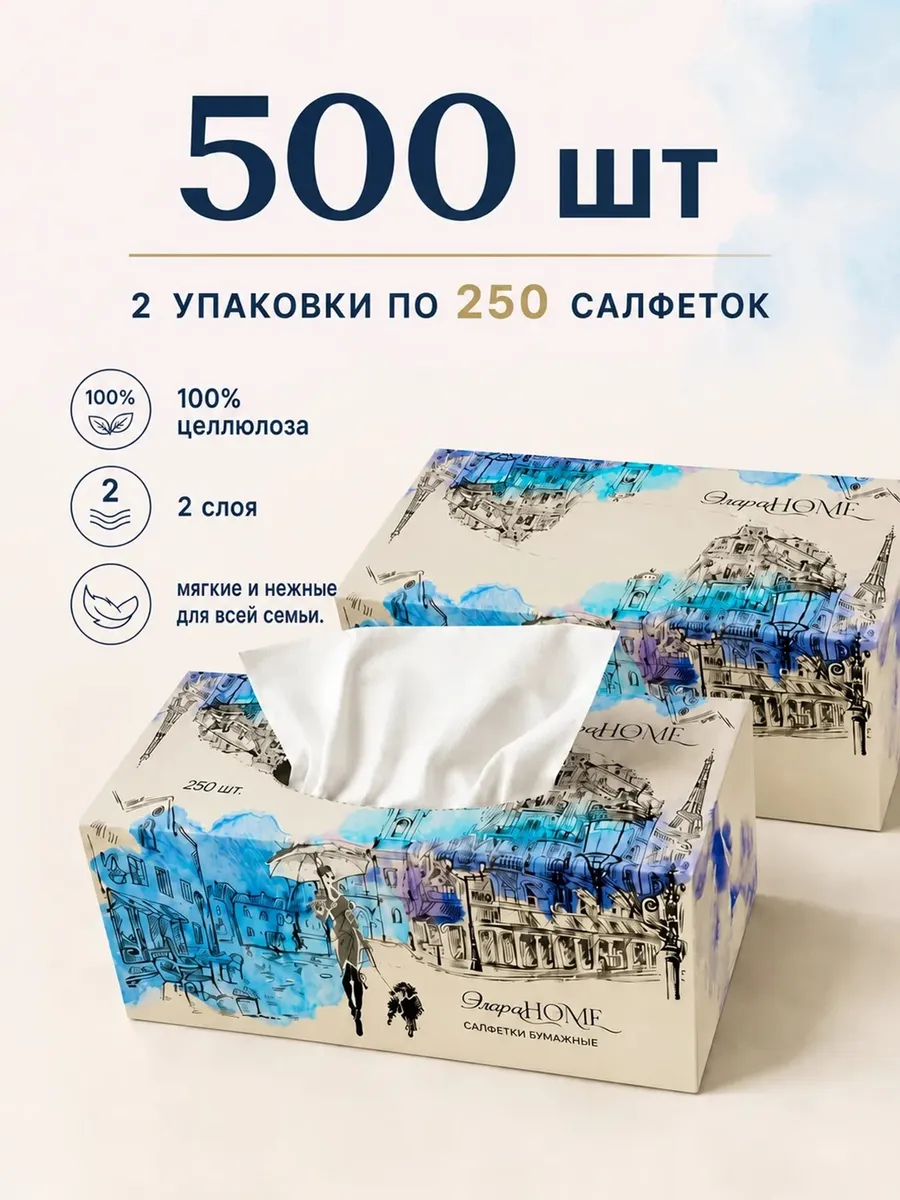 Салфетки бумажные сухие в коробке 2уп по 250 шт нежные