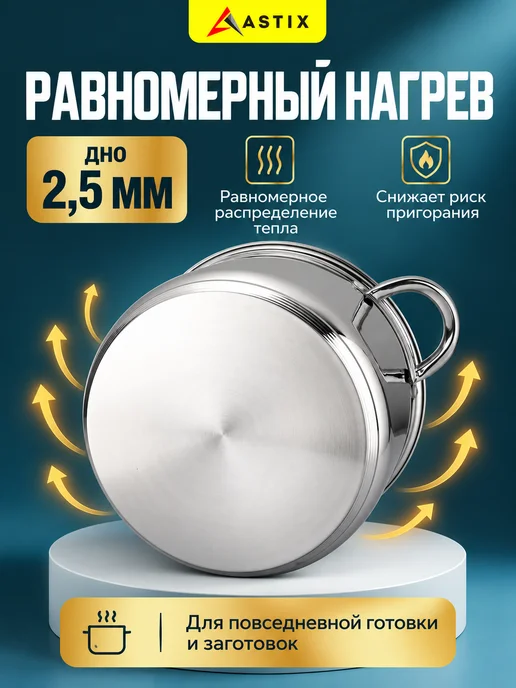 Astix Кастрюля с крышкой большая 10 л из нержавеющей стали, 10 л, фото 5