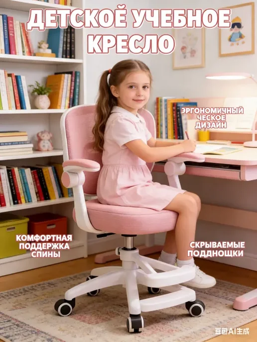 Кресло детское компьютерное для школьника с подлокотниками, розовый