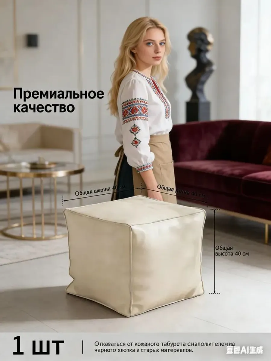 Пуф бескаркасный 40x40x40 см винилискожа слоновая кость