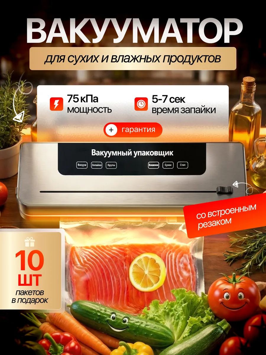 Вакуумный упаковщик для продуктов с запайкой и пакетами