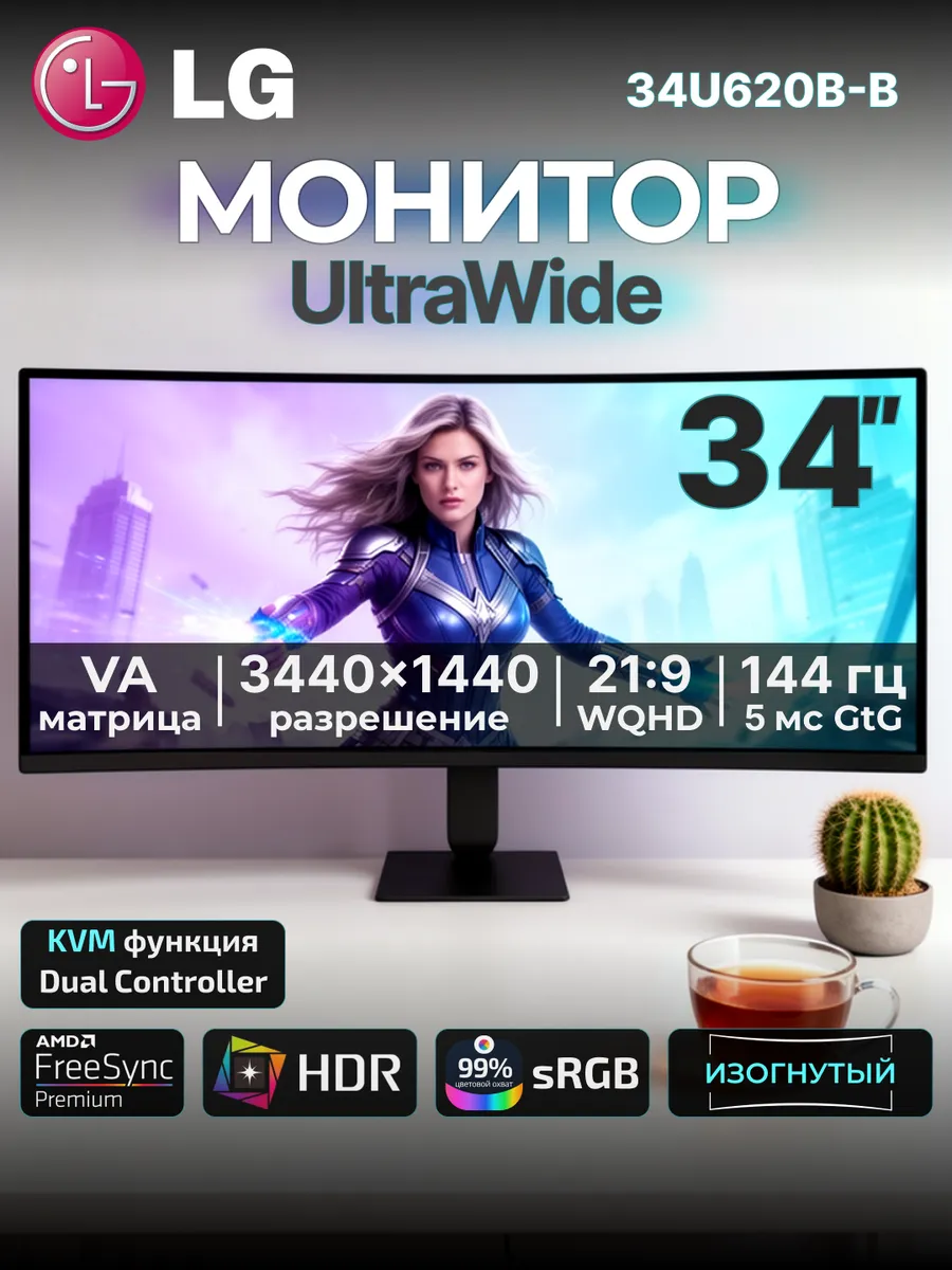 LG Монитор изогнутый 34" 34U620B-В 3440x1440 VA 144 Гц