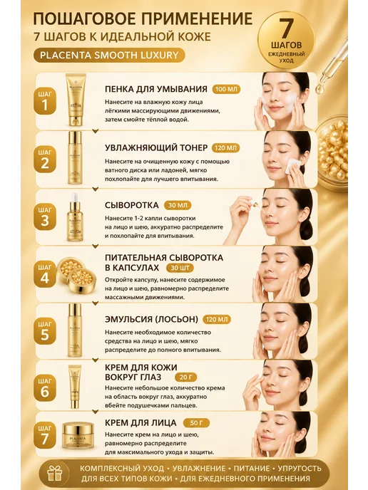 Подарочный Набор с для лица 7 в 1 Placenta Smooth Luxury, вариант, фото 4
