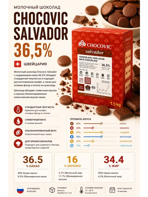 Chocovic Salvador Молочная шоколадная масса 900CT KG 1,5КГ, 1,5 кг, фото 2