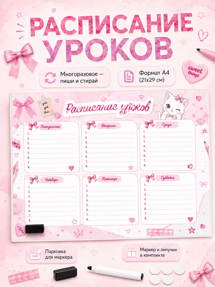 Расписание уроков многоразовое а4 с маркером и липучками