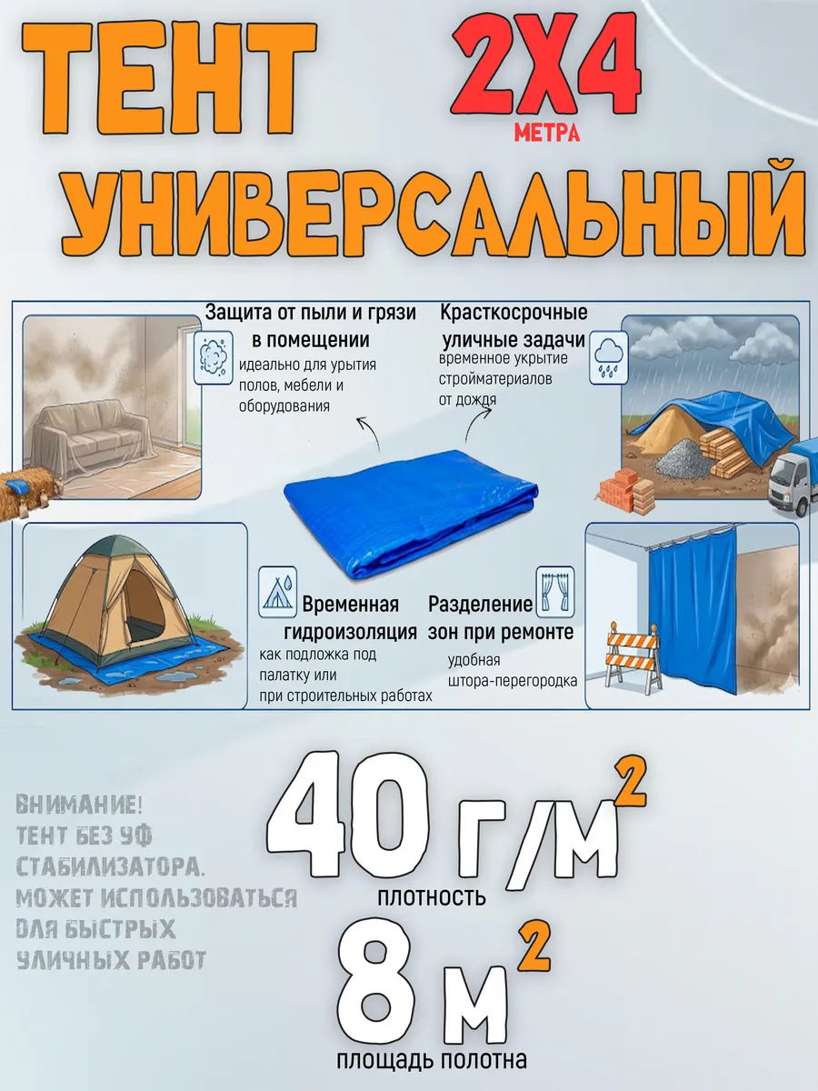 Тент универсальный 2х4м, 40 г/м2, укрывной.