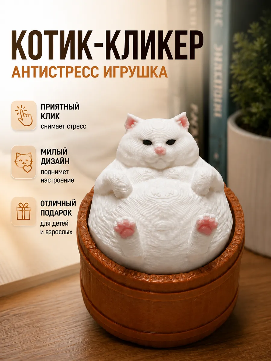 Кликер котик в бочонке игрушка антистресс