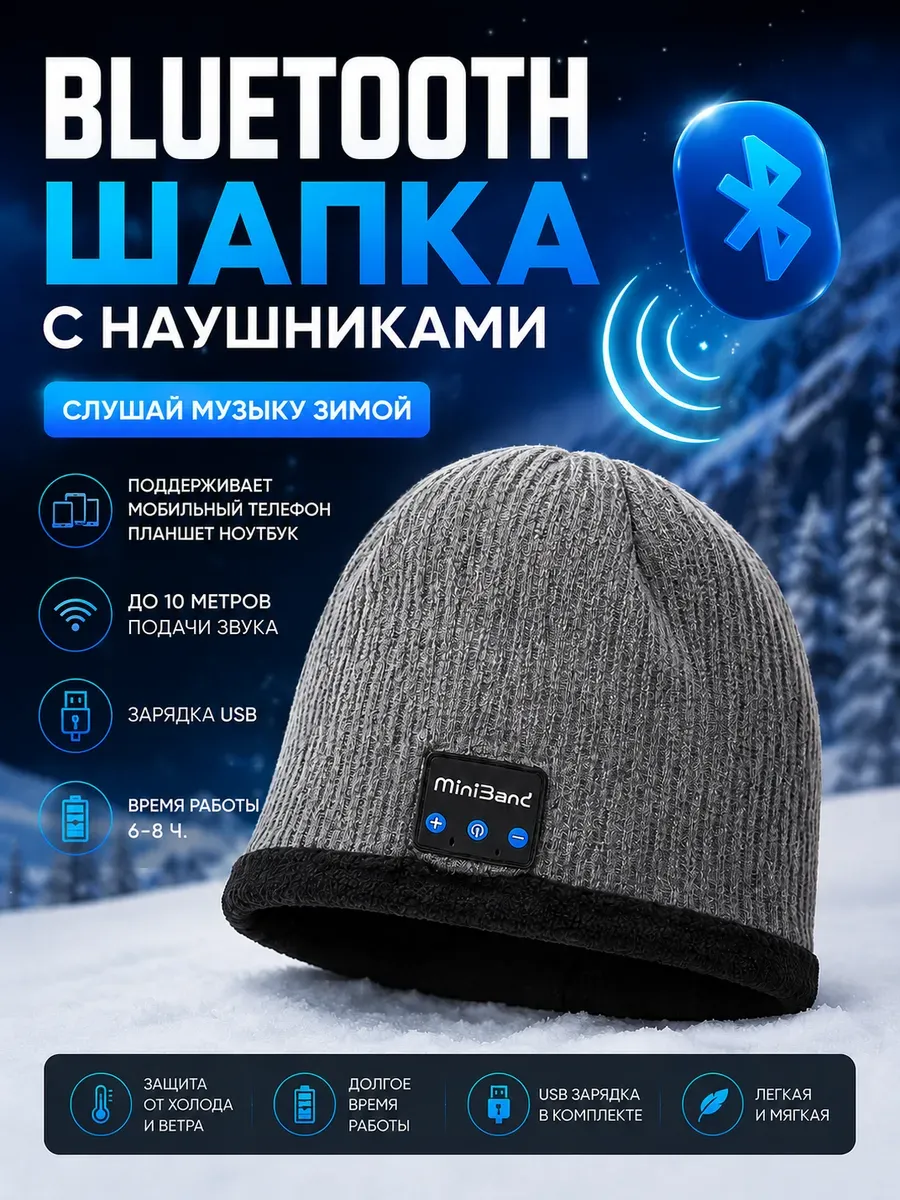 серая шапка со встроенными наушниками для бега
