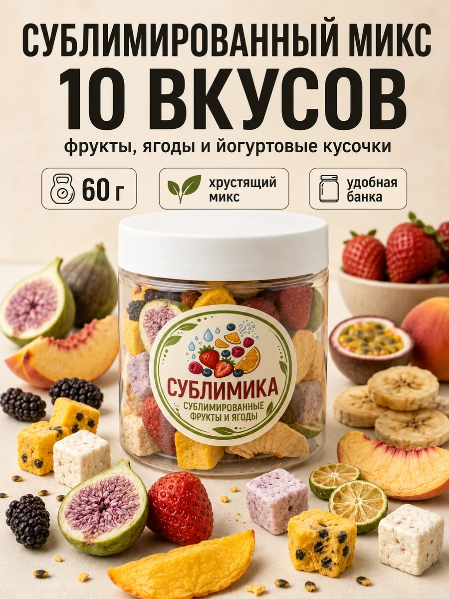 Сублимированный микс фруктов и ягод 10 вкусов, 60 г