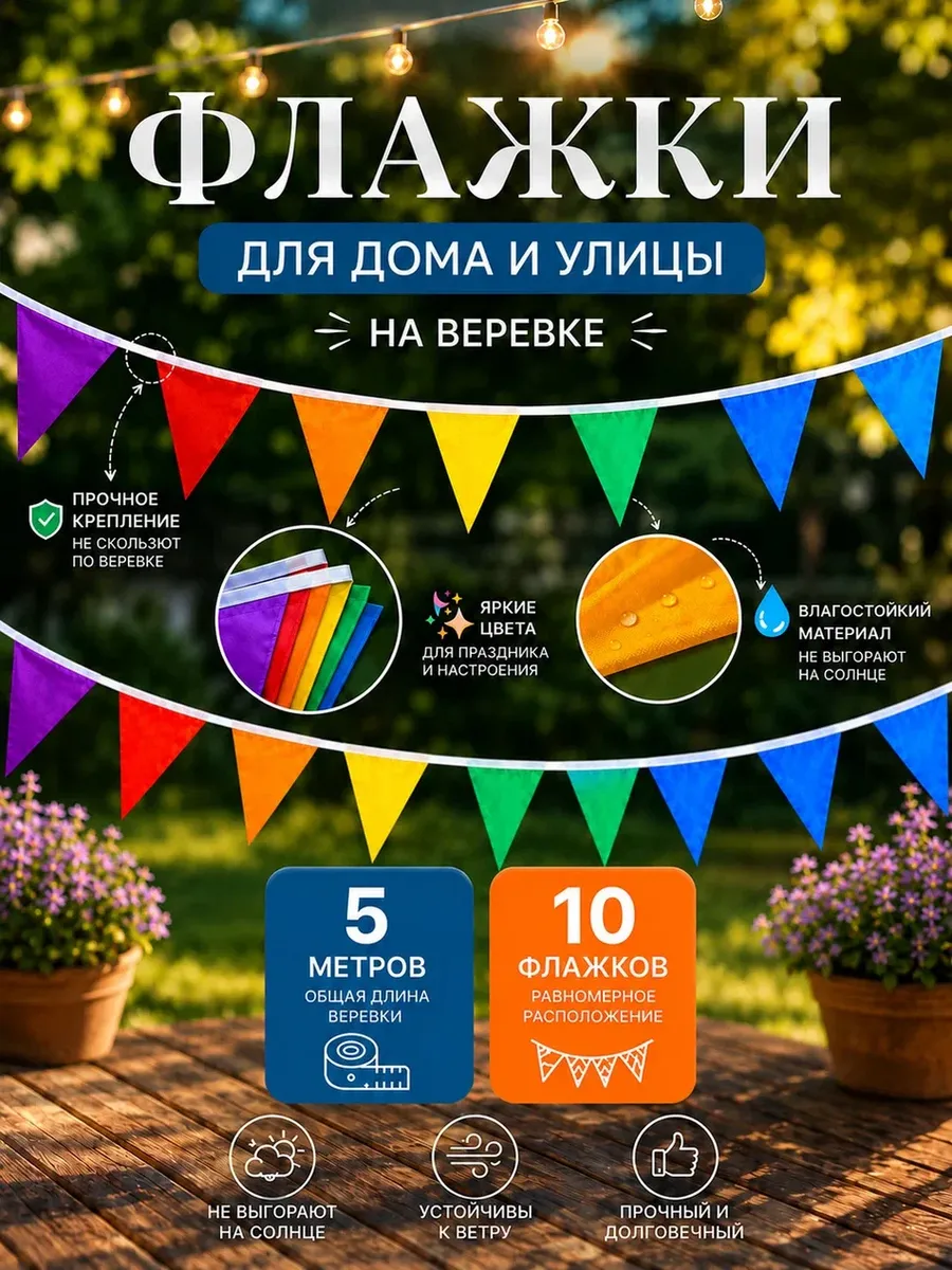 Гирлянда флажки на веревке растяжка разноцветная 5 метров