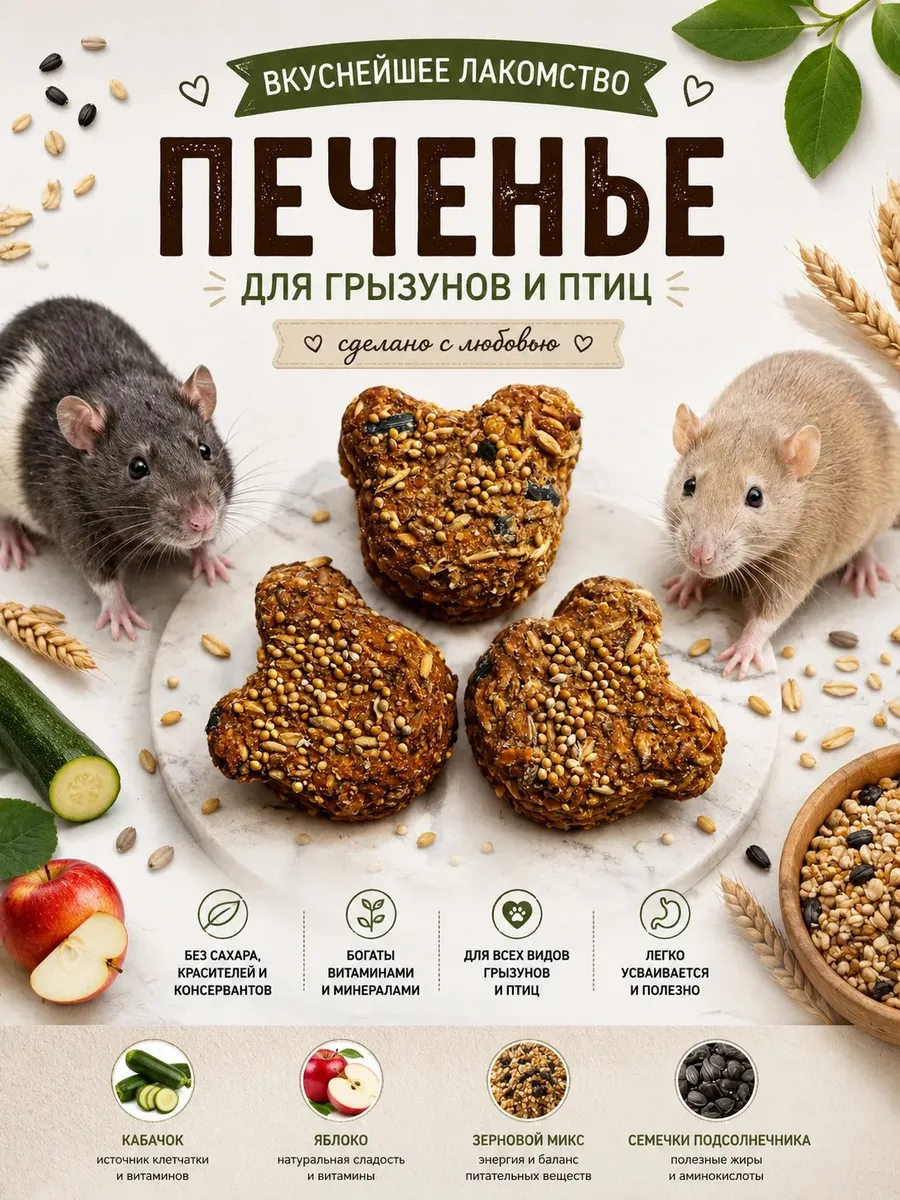 Печенье лакомство для грызунов и птиц, 3 штук