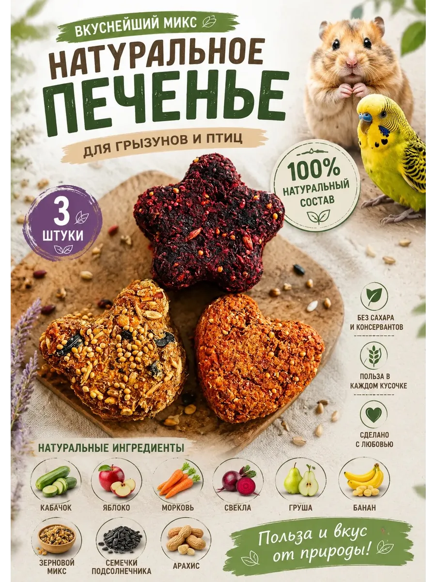 Печенье лакомство для грызунов и попугаев, 3 штук