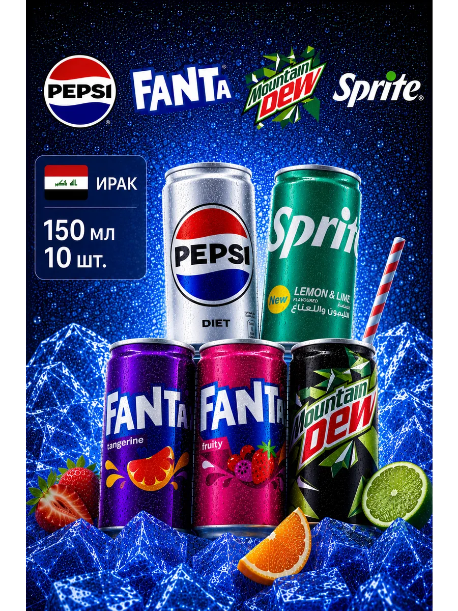Набор напитков Fanta, Pepsi, MD, Sprite 10 банок, 150мл