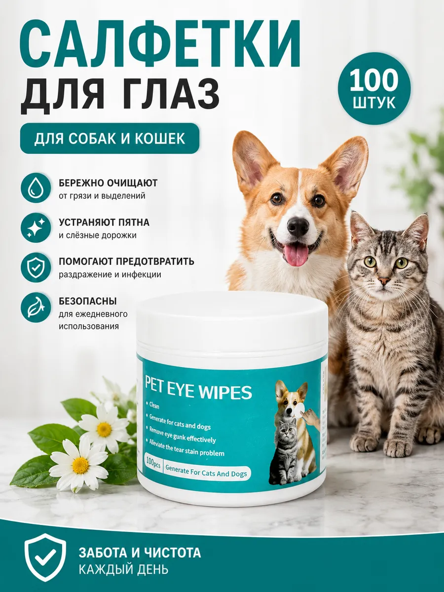 Влажные салфетки для глаз животных (собак и кошек) 100шт