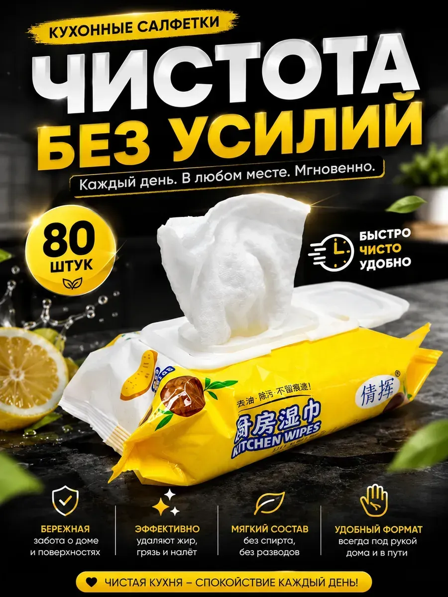 Салфетки влажные кухонные от жира и загрязнений, 80 шт, с ар…
