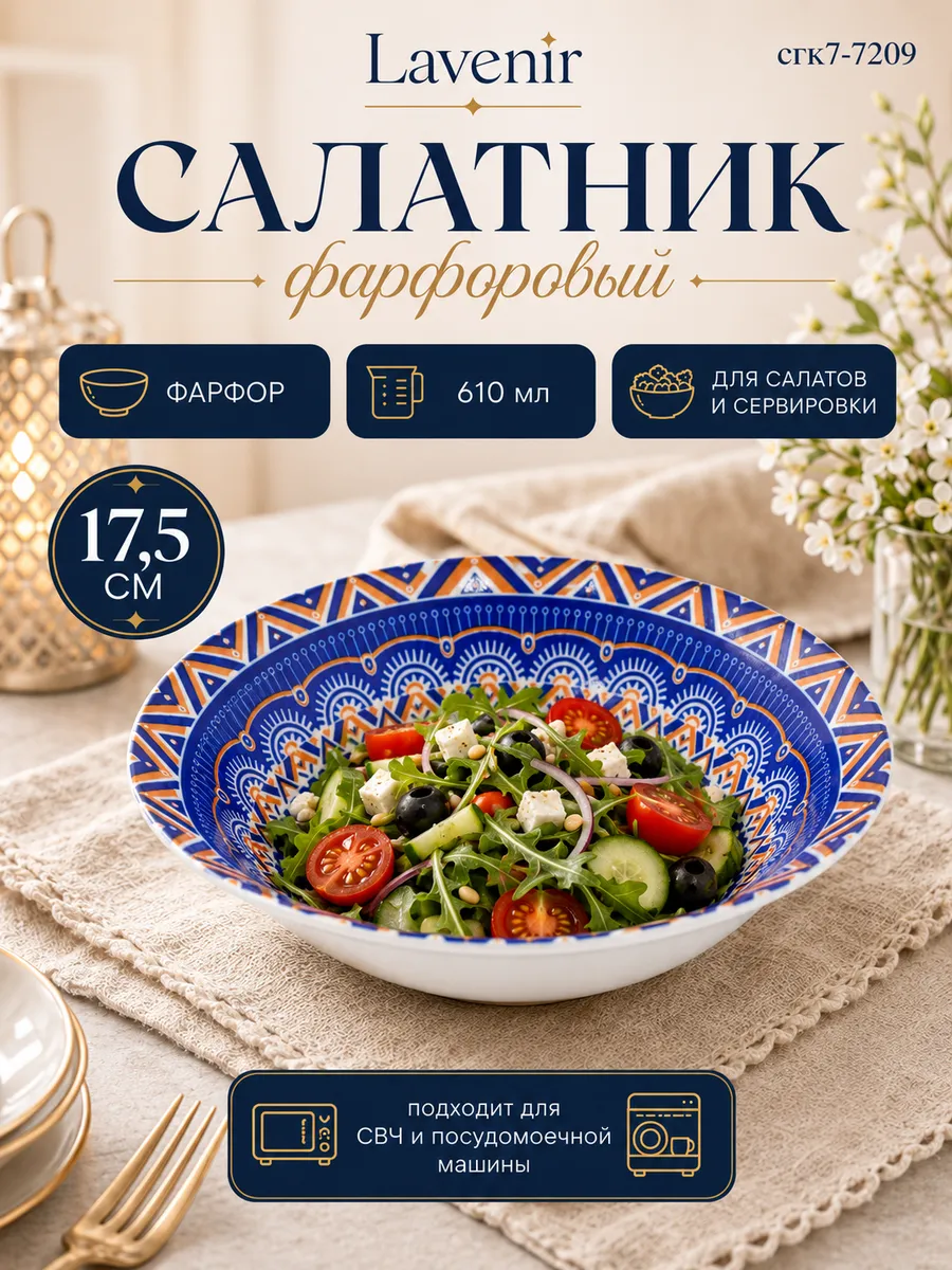 Салатник фарфоровый красивый 610 мл 17,5 см Айша сгк7-7209