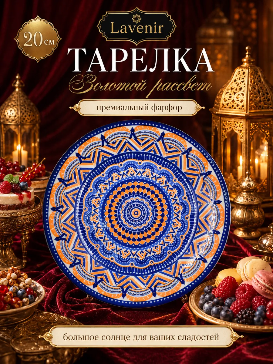 Тарелка 20 см красивая десертная Золотой рассвет тгк8-9207