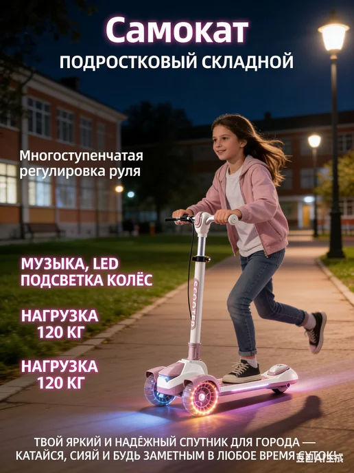 Самокат трехколесный взрослый светло-розовый, розовый, фото 2