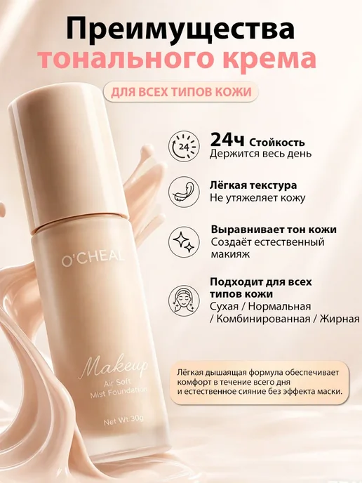 PrettyGirl Тональный крем для лица стойкий и легкий 01 со спонжем, бежевый, фото 3