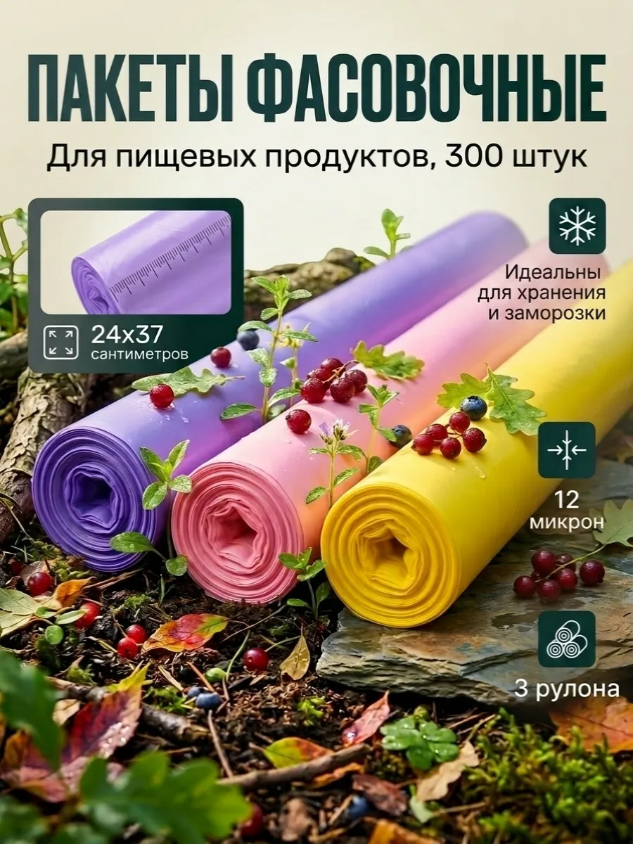 Пакеты фасовочные пищевые 24х37, цветные набор 300 шт