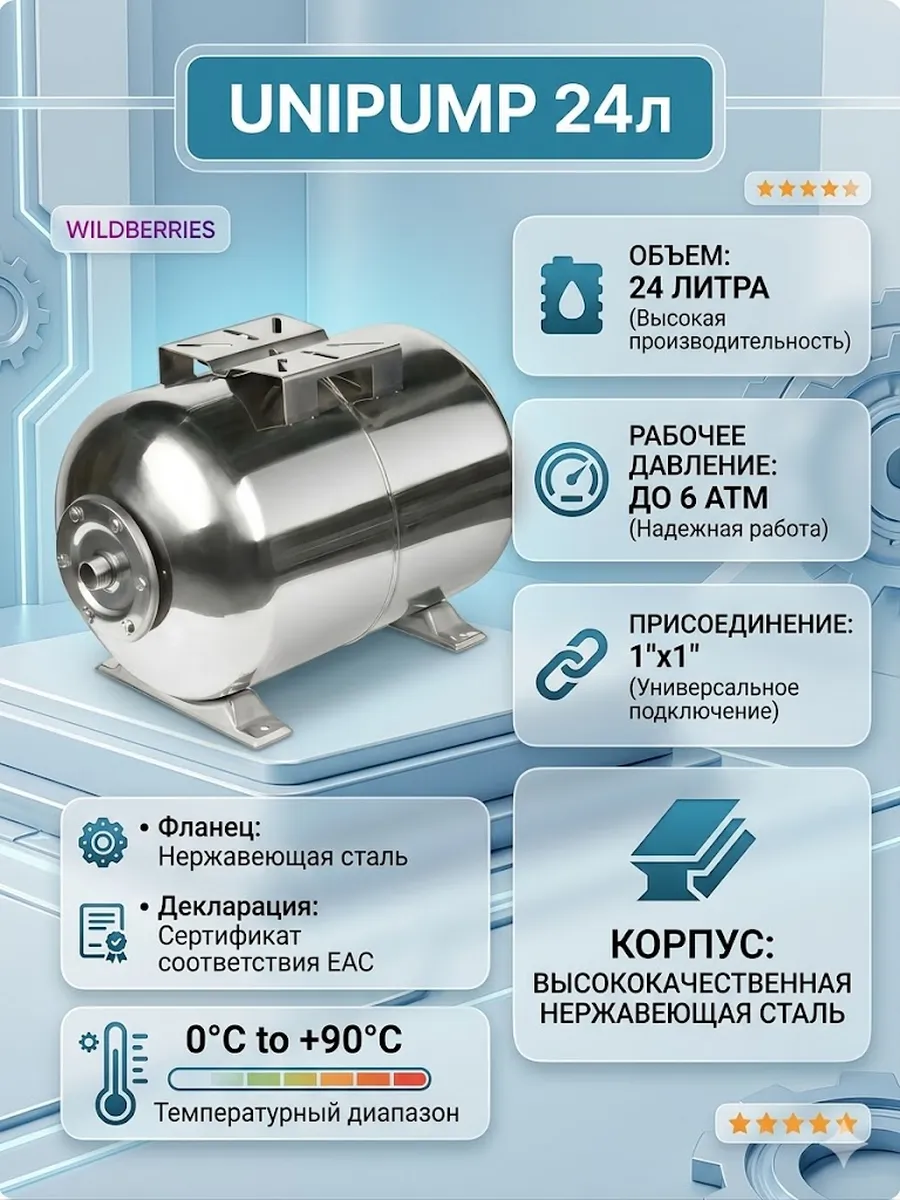 Гидроаккумулятор горизонтальный (24 л) (нерж.)