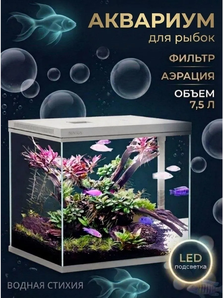 Аквариум для рыбок с подсветкой и фильтром мини стеклянный