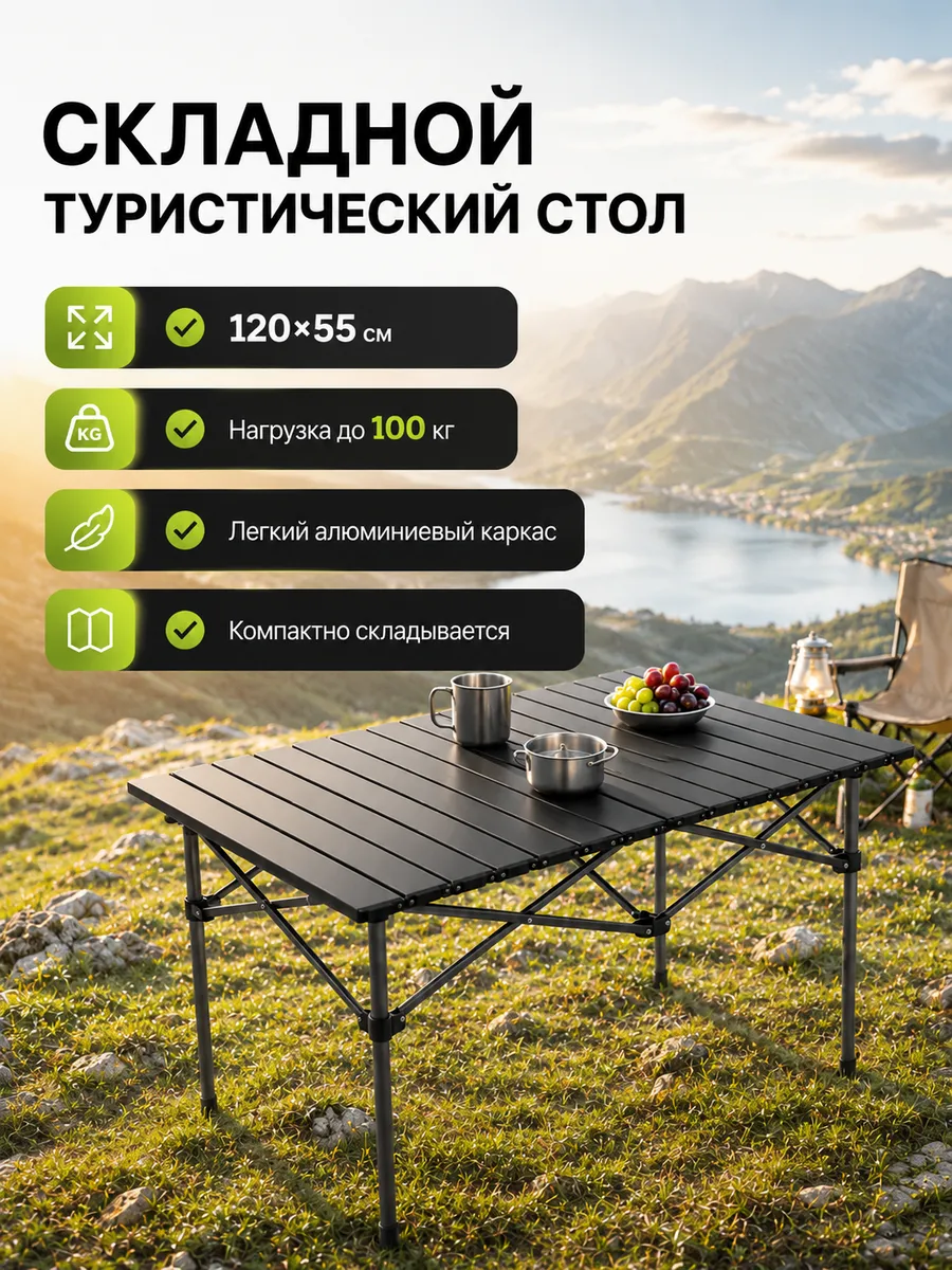 Складной туристический стол металлический 120х55 см