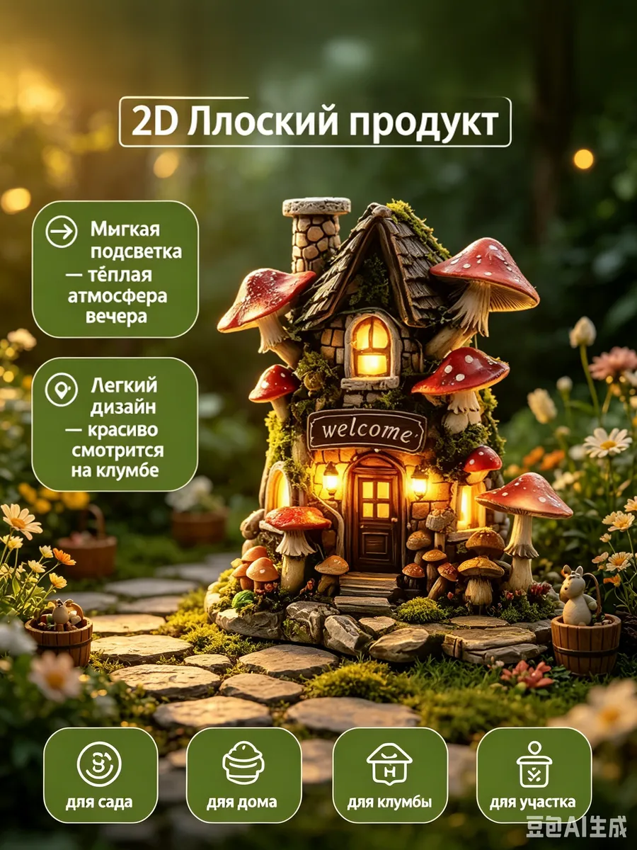 Садовые фигурки домик для гнома, гномики, гриб 2D