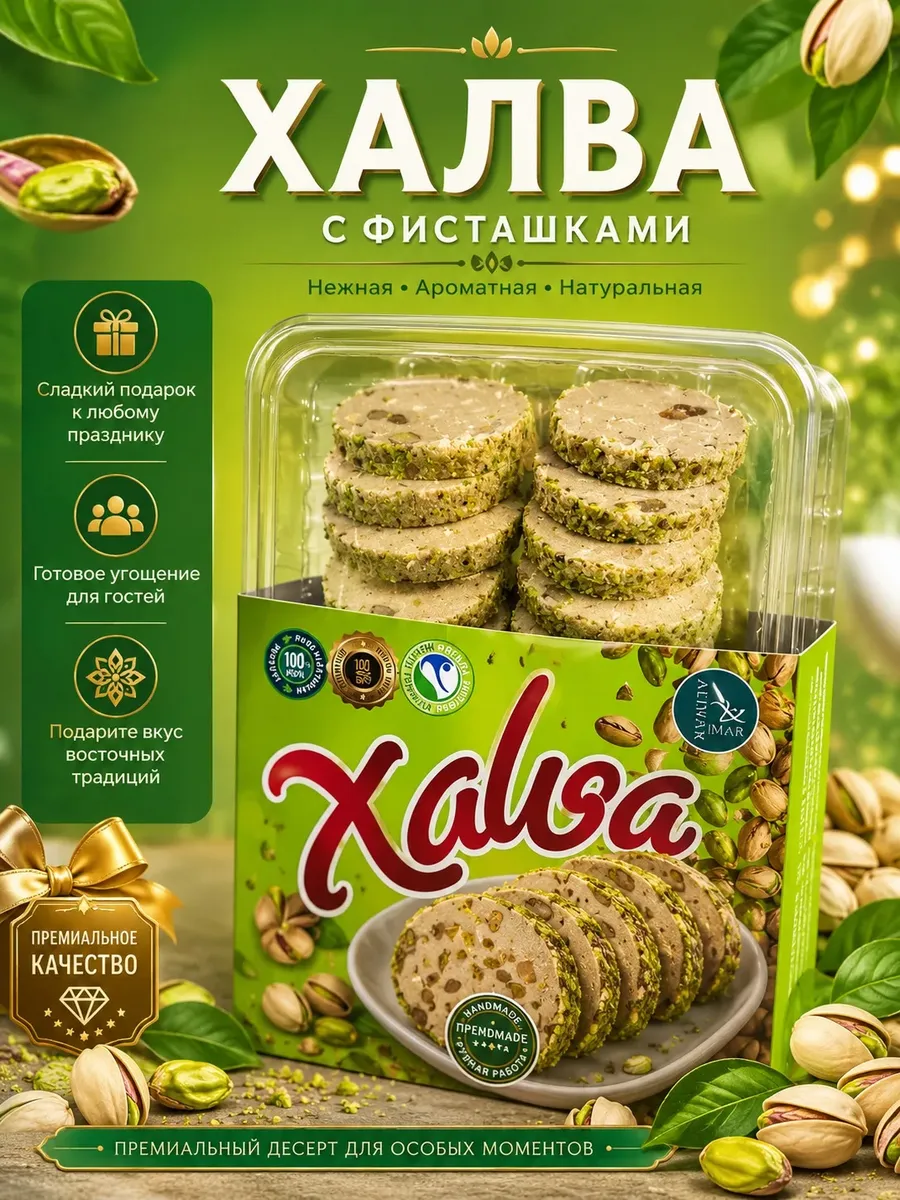 Халва с фисташка грецки орех со вкусом молочного ириска 300г