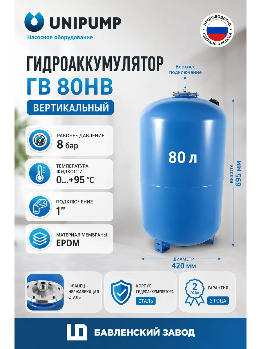 Гидроаккумулятор вертикальный ГВ 80НВ 80л (БЭЗ) (верх.подкл)